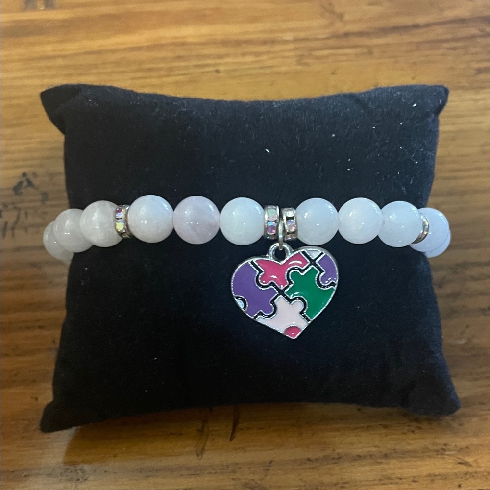 White Beaded Bracelet with Heart Charm